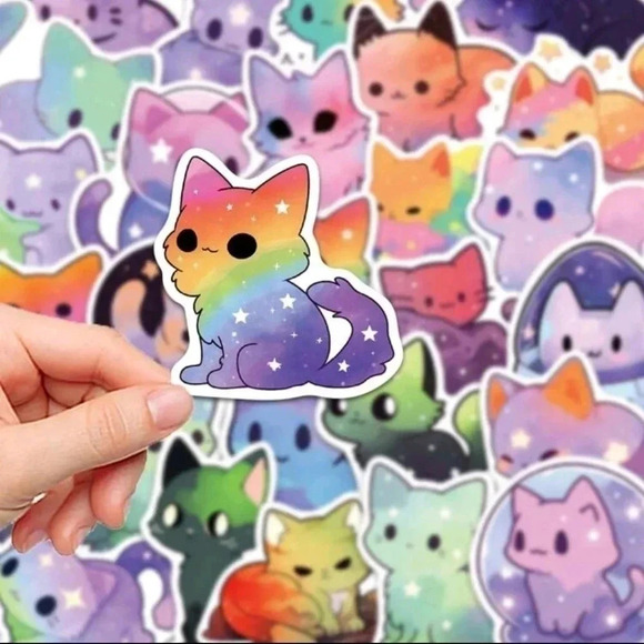 Cute fun 50 piece set vibrant vinyl stickers cat galaxy print rainbow print long - Picture 4 of 8